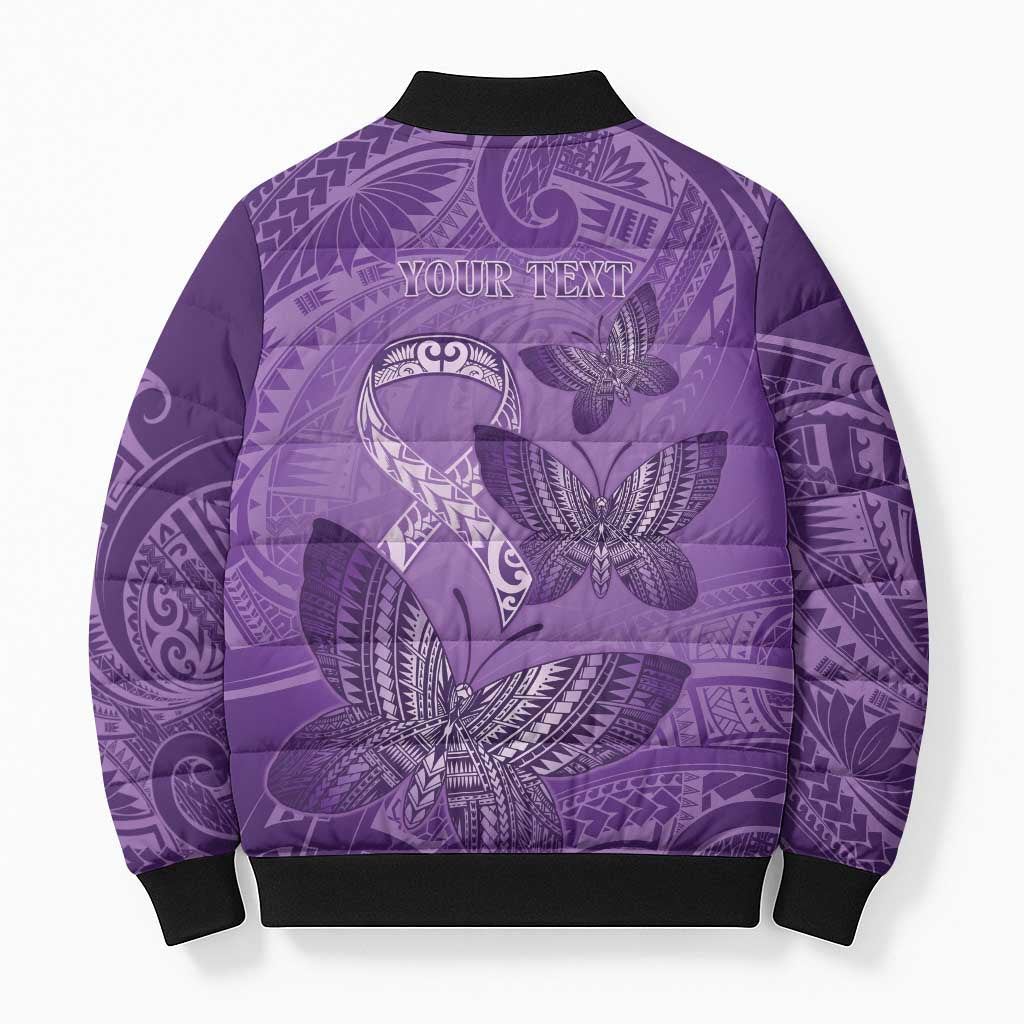 Personalised Polynesia Lupus Awareness Month Bomber Puffer Jacket Warrior Purple Ribbon Polynesian Butterflies LT14 - Polynesian Pride