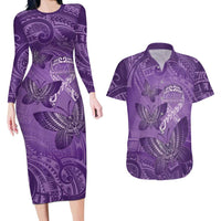 Personalised Polynesia Lupus Awareness Month Couples Matching Long Sleeve Bodycon Dress and Hawaiian Shirt Warrior Purple Ribbon Polynesian Butterflies