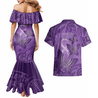 Personalised Polynesia Lupus Awareness Month Couples Matching Mermaid Dress and Hawaiian Shirt Warrior Purple Ribbon Polynesian Butterflies