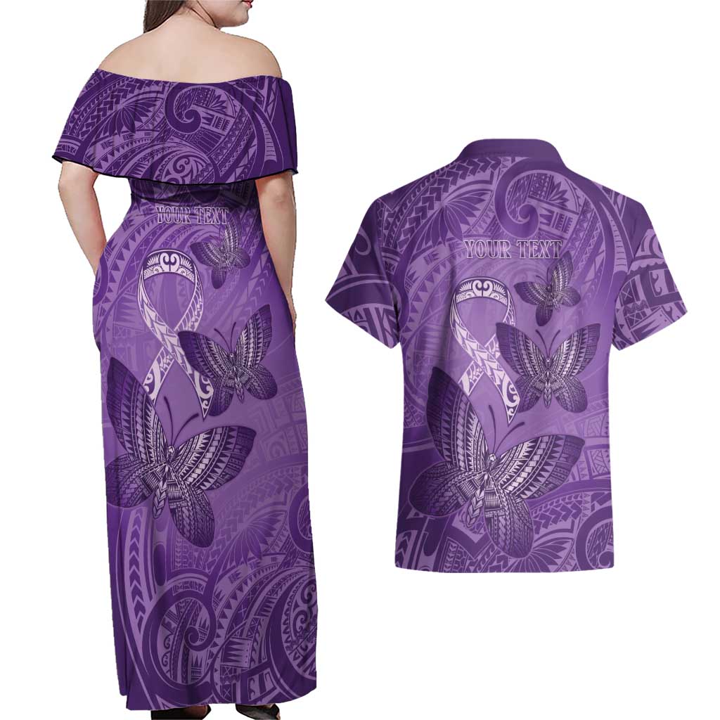 Personalised Polynesia Lupus Awareness Month Couples Matching Off Shoulder Maxi Dress and Hawaiian Shirt Warrior Purple Ribbon Polynesian Butterflies