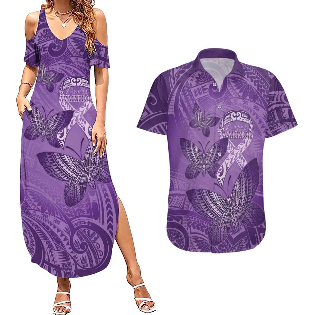 Personalised Polynesia Lupus Awareness Month Couples Matching Summer Maxi Dress and Hawaiian Shirt Warrior Purple Ribbon Polynesian Butterflies LT14 Purple - Polynesian Pride