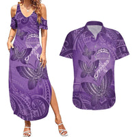 Personalised Polynesia Lupus Awareness Month Couples Matching Summer Maxi Dress and Hawaiian Shirt Warrior Purple Ribbon Polynesian Butterflies
