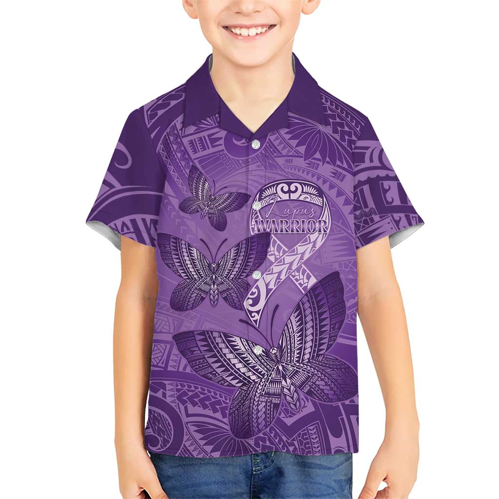 Personalised Polynesia Lupus Awareness Month Family Matching Long Sleeve Bodycon Dress and Hawaiian Shirt Warrior Purple Ribbon Polynesian Butterflies