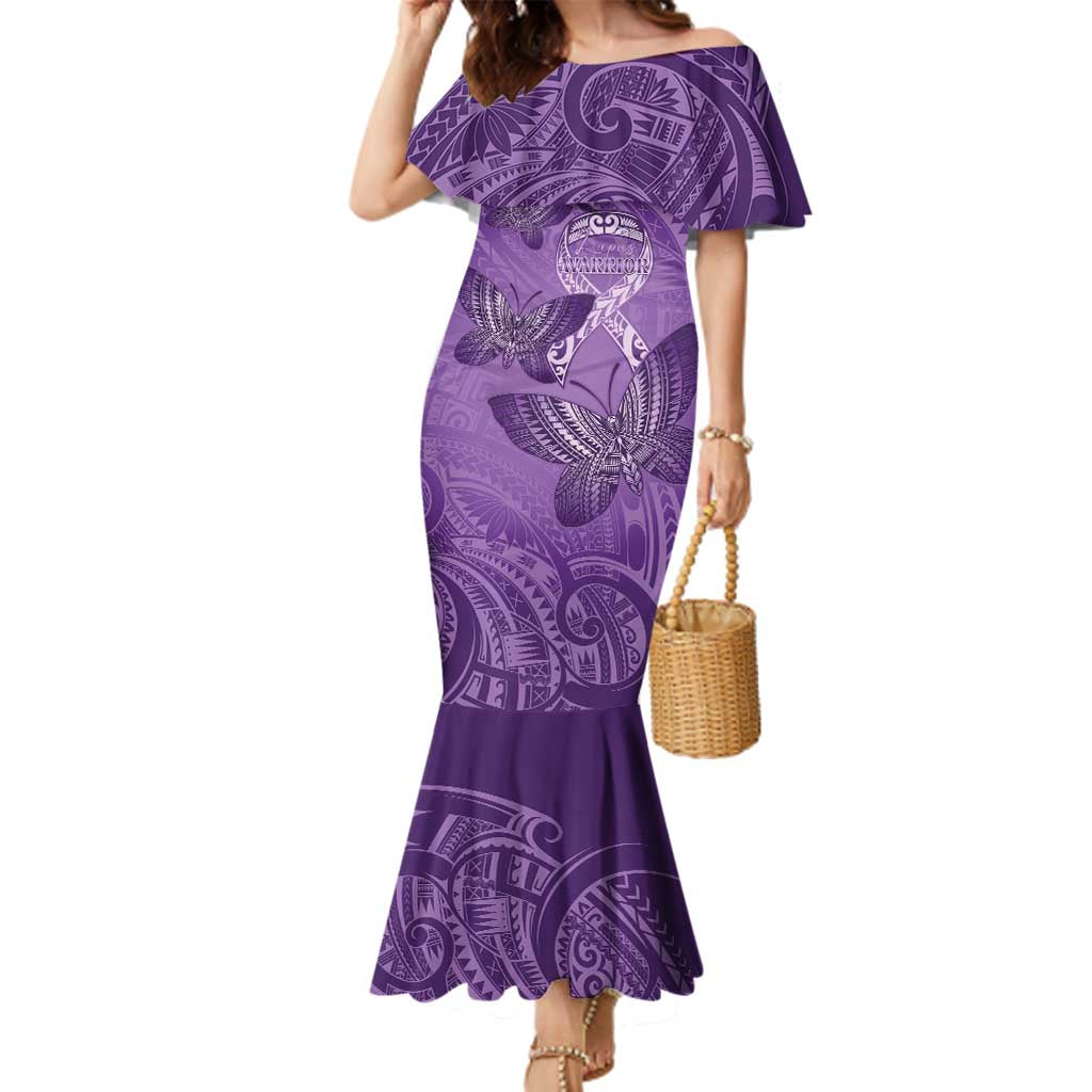 Personalised Polynesia Lupus Awareness Month Family Matching Mermaid Dress and Hawaiian Shirt Warrior Purple Ribbon Polynesian Butterflies