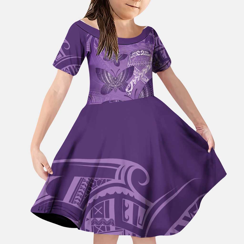 Personalised Polynesia Lupus Awareness Month Family Matching Off The Shoulder Long Sleeve Dress and Hawaiian Shirt Warrior Purple Ribbon Polynesian Butterflies
