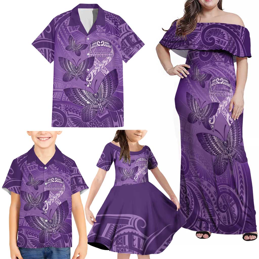 Personalised Polynesia Lupus Awareness Month Family Matching Off Shoulder Maxi Dress and Hawaiian Shirt Warrior Purple Ribbon Polynesian Butterflies LT14 - Polynesian Pride
