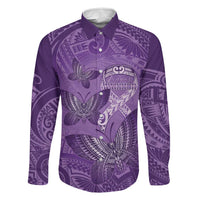 Personalised Polynesia Lupus Awareness Month Family Matching Off Shoulder Maxi Dress and Hawaiian Shirt Warrior Purple Ribbon Polynesian Butterflies