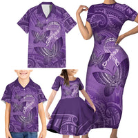 Personalised Polynesia Lupus Awareness Month Family Matching Short Sleeve Bodycon Dress and Hawaiian Shirt Warrior Purple Ribbon Polynesian Butterflies