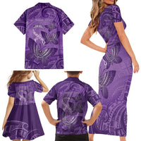 Personalised Polynesia Lupus Awareness Month Family Matching Short Sleeve Bodycon Dress and Hawaiian Shirt Warrior Purple Ribbon Polynesian Butterflies