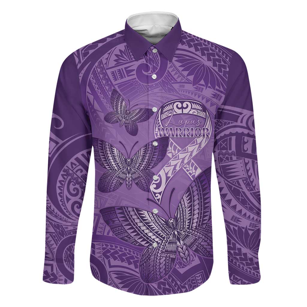 Personalised Polynesia Lupus Awareness Month Family Matching Short Sleeve Bodycon Dress and Hawaiian Shirt Warrior Purple Ribbon Polynesian Butterflies