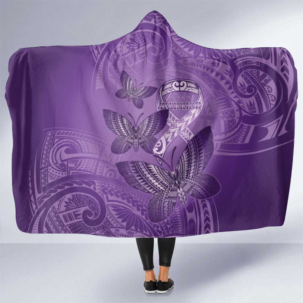 Polynesia Lupus Awareness Month Hooded Blanket Warrior Purple Ribbon Polynesian Butterflies LT14 One Size Purple - Polynesian Pride