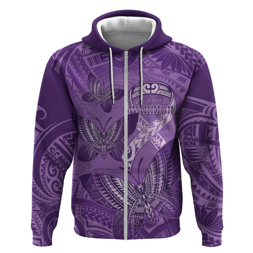 Personalised Polynesia Lupus Awareness Month Hoodie Warrior Purple Ribbon Polynesian Butterflies LT14 Zip Hoodie Purple - Polynesian Pride