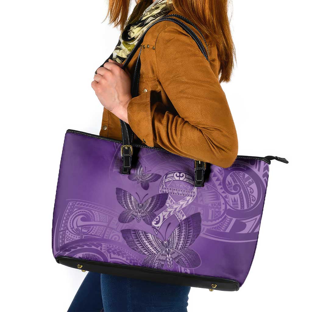 Polynesia Lupus Awareness Month Leather Tote Bag Warrior Purple Ribbon Polynesian Butterflies LT14 Purple - Polynesian Pride