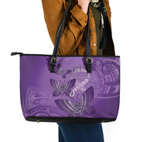 Polynesia Lupus Awareness Month Leather Tote Bag Warrior Purple Ribbon Polynesian Butterflies LT14 - Polynesian Pride