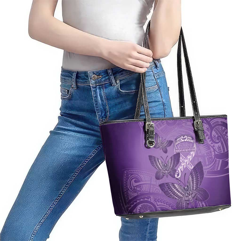 Polynesia Lupus Awareness Month Leather Tote Bag Warrior Purple Ribbon Polynesian Butterflies LT14 - Polynesian Pride
