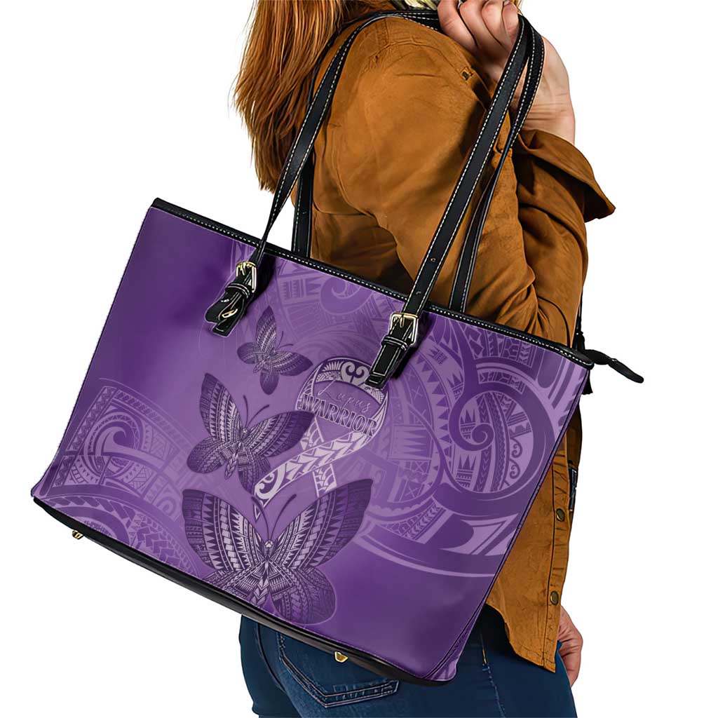Polynesia Lupus Awareness Month Leather Tote Bag Warrior Purple Ribbon Polynesian Butterflies LT14 - Polynesian Pride