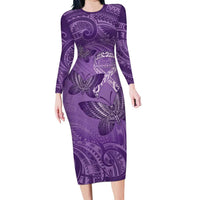 Personalised Polynesia Lupus Awareness Month Long Sleeve Bodycon Dress Warrior Purple Ribbon Polynesian Butterflies