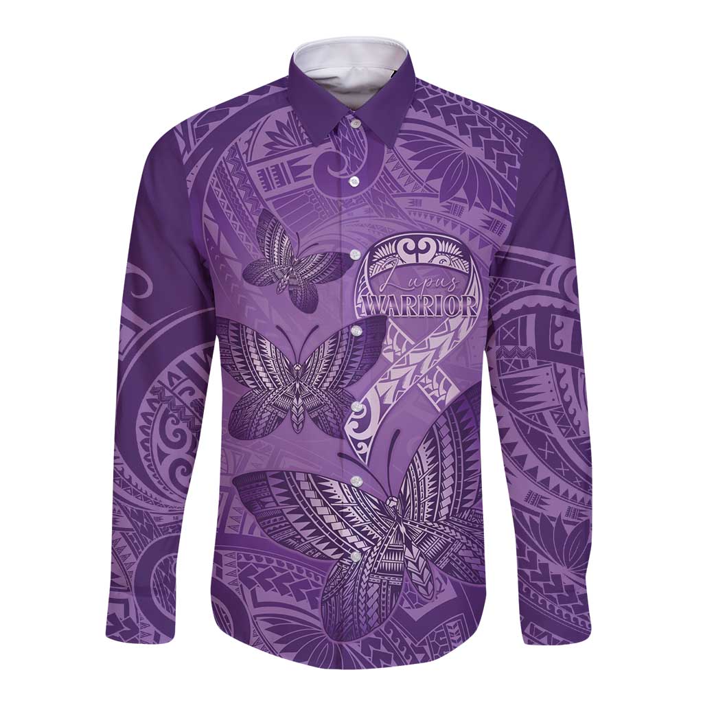Personalised Polynesia Lupus Awareness Month Long Sleeve Button Shirt Warrior Purple Ribbon Polynesian Butterflies LT14 Unisex Purple - Polynesian Pride