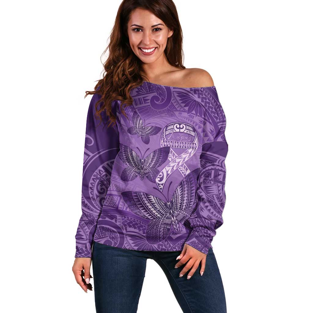 Personalised Polynesia Lupus Awareness Month Off Shoulder Sweater Warrior Purple Ribbon Polynesian Butterflies LT14 Women Purple - Polynesian Pride