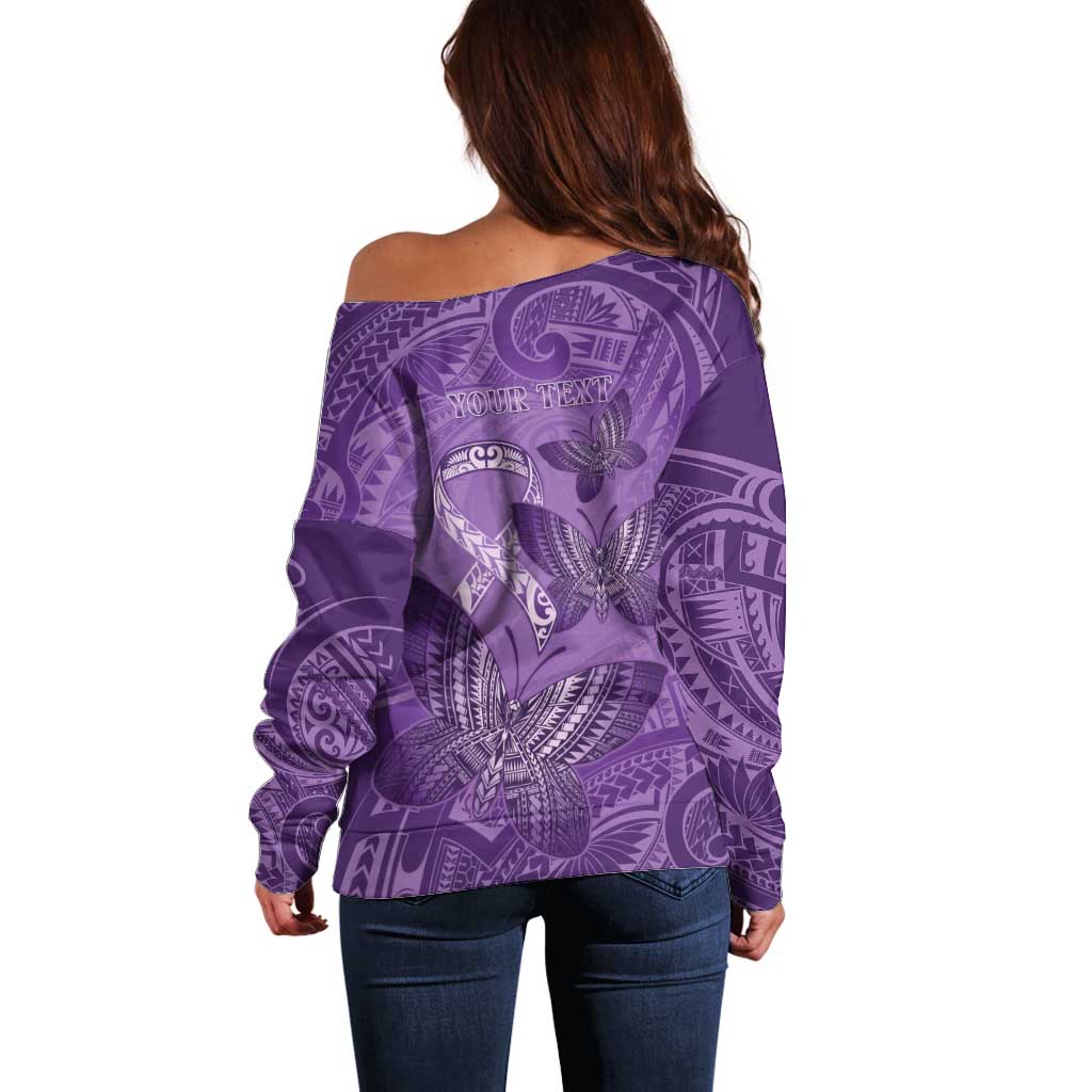 Personalised Polynesia Lupus Awareness Month Off Shoulder Sweater Warrior Purple Ribbon Polynesian Butterflies LT14 - Polynesian Pride