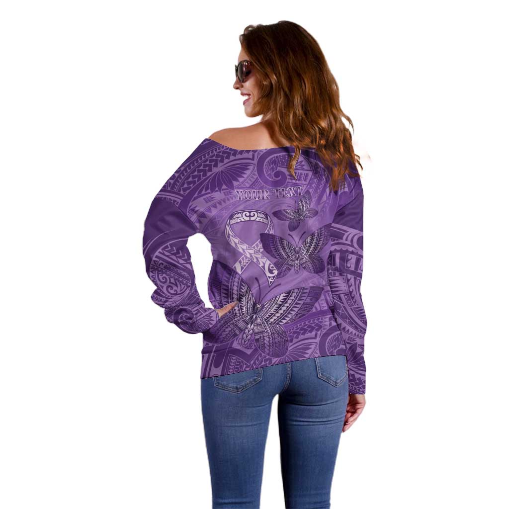 Personalised Polynesia Lupus Awareness Month Off Shoulder Sweater Warrior Purple Ribbon Polynesian Butterflies LT14 - Polynesian Pride