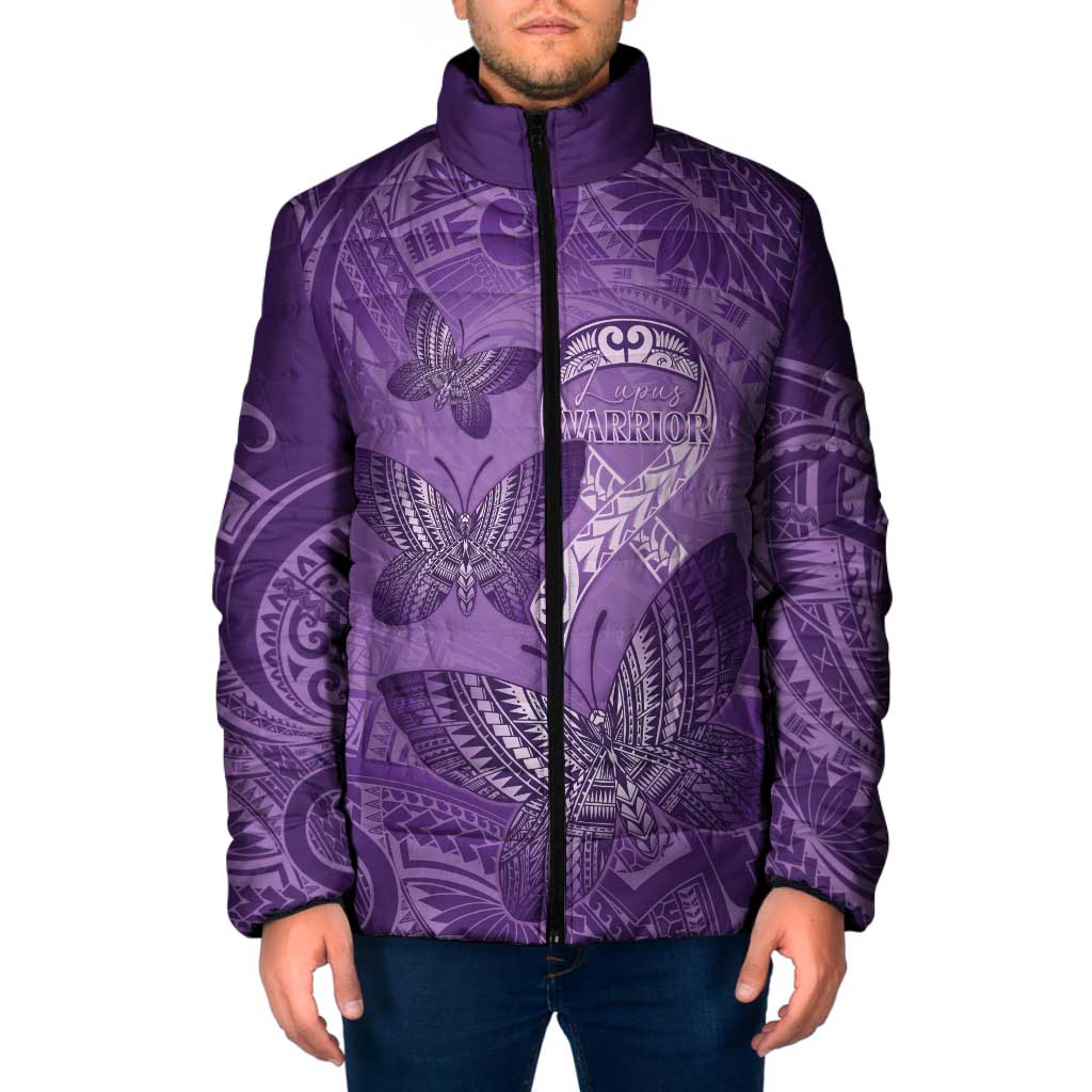 Personalised Polynesia Lupus Awareness Month Padded Jacket Warrior Purple Ribbon Polynesian Butterflies LT14 Men Purple - Polynesian Pride