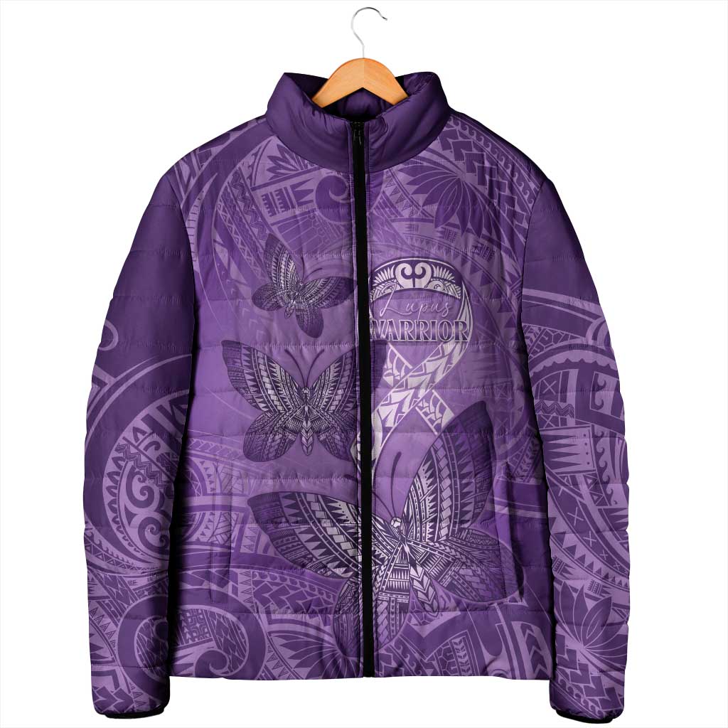 Personalised Polynesia Lupus Awareness Month Padded Jacket Warrior Purple Ribbon Polynesian Butterflies LT14 - Polynesian Pride