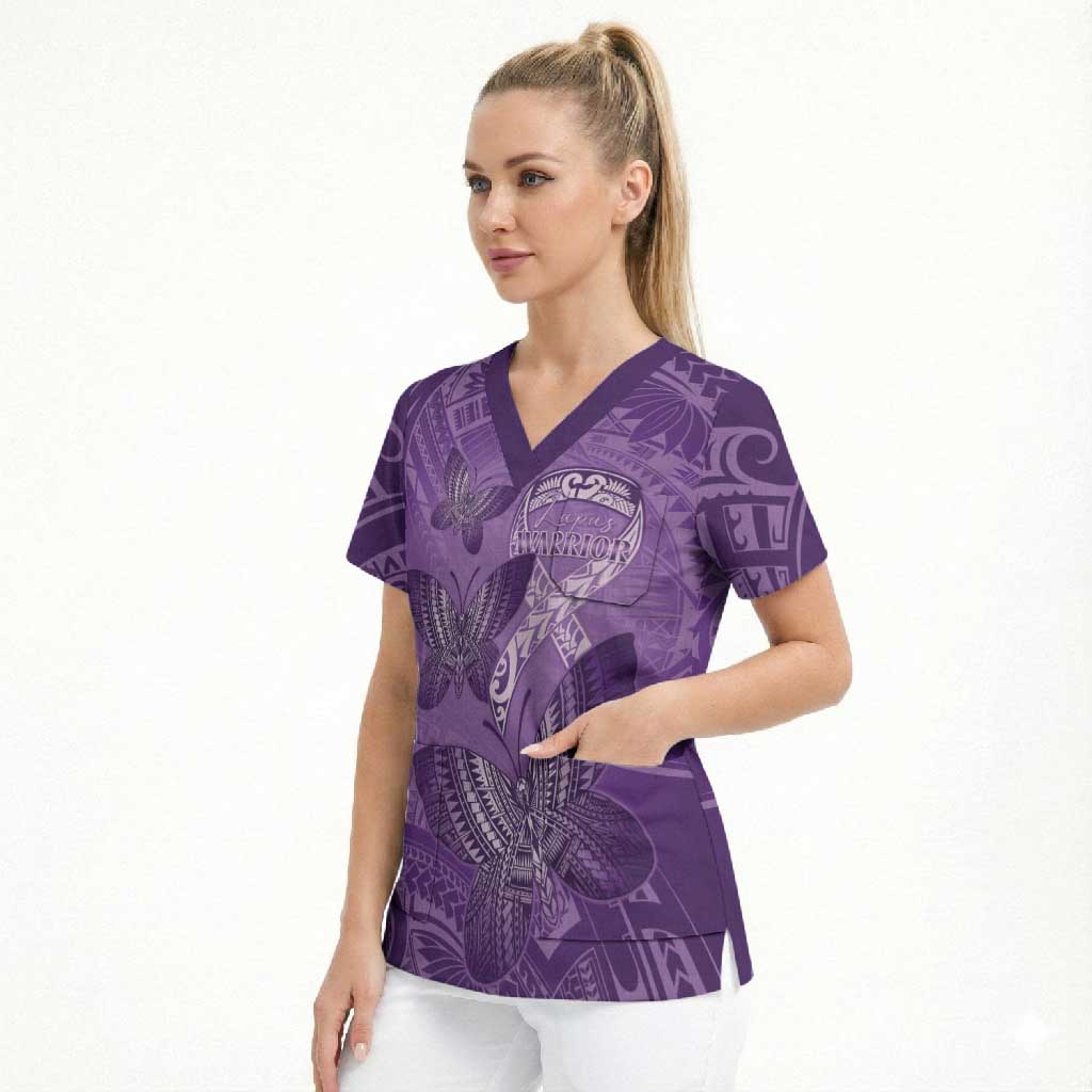 Personalised Polynesia Lupus Awareness Month Scrub Top Warrior Purple Ribbon Polynesian Butterflies LT14 - Polynesian Pride