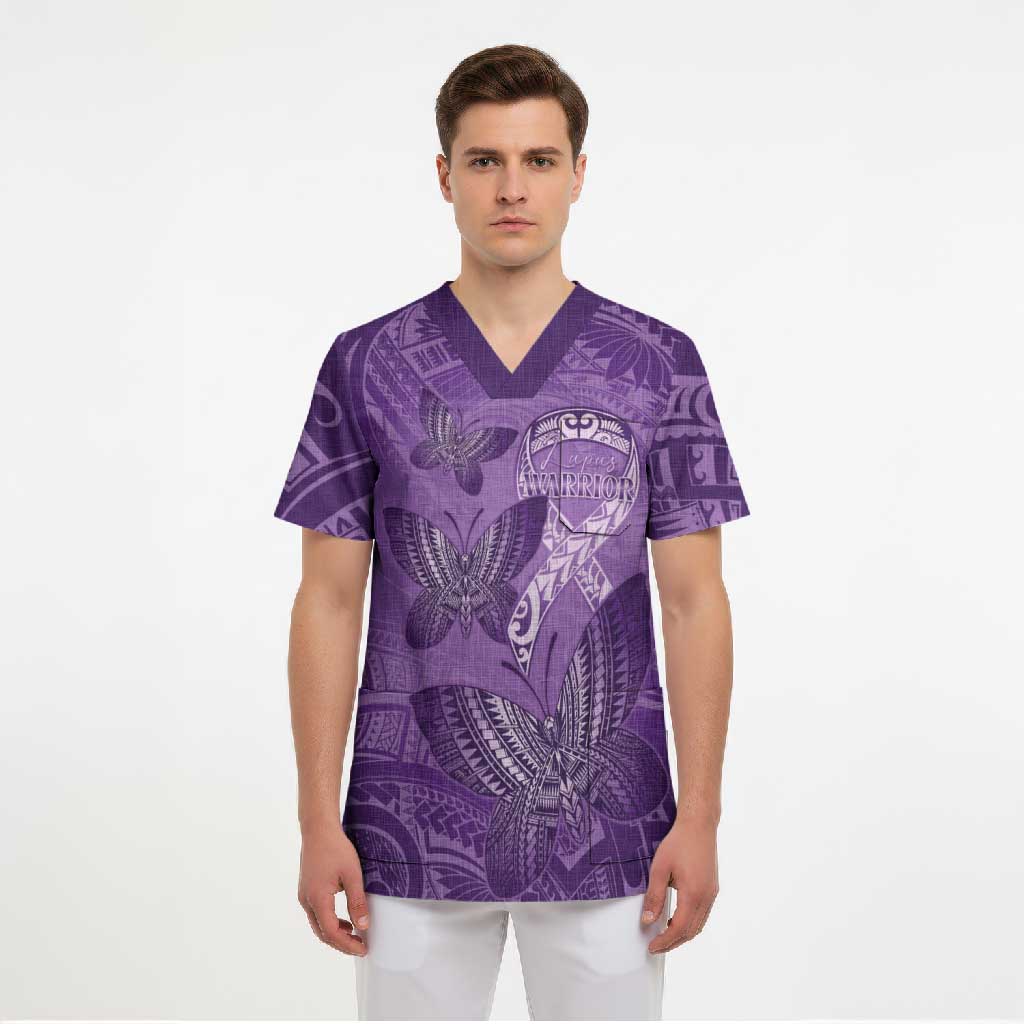 Personalised Polynesia Lupus Awareness Month Scrub Top Warrior Purple Ribbon Polynesian Butterflies LT14 - Polynesian Pride