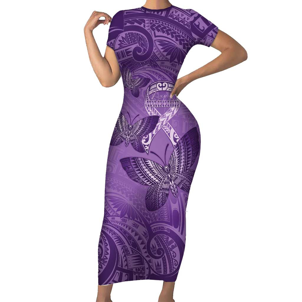 Personalised Polynesia Lupus Awareness Month Short Sleeve Bodycon Dress Warrior Purple Ribbon Polynesian Butterflies