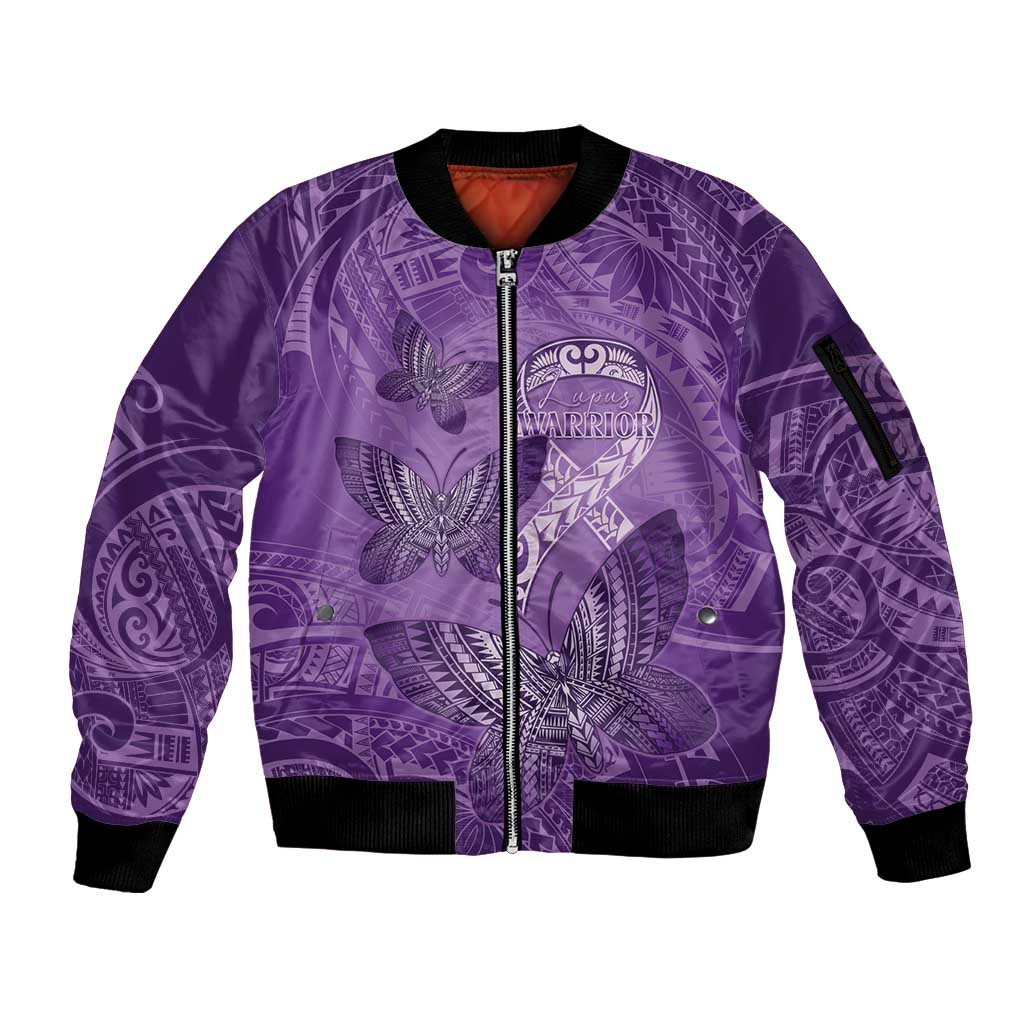 Personalised Polynesia Lupus Awareness Month Sleeve Zip Bomber Jacket Warrior Purple Ribbon Polynesian Butterflies LT14 Unisex Purple - Polynesian Pride