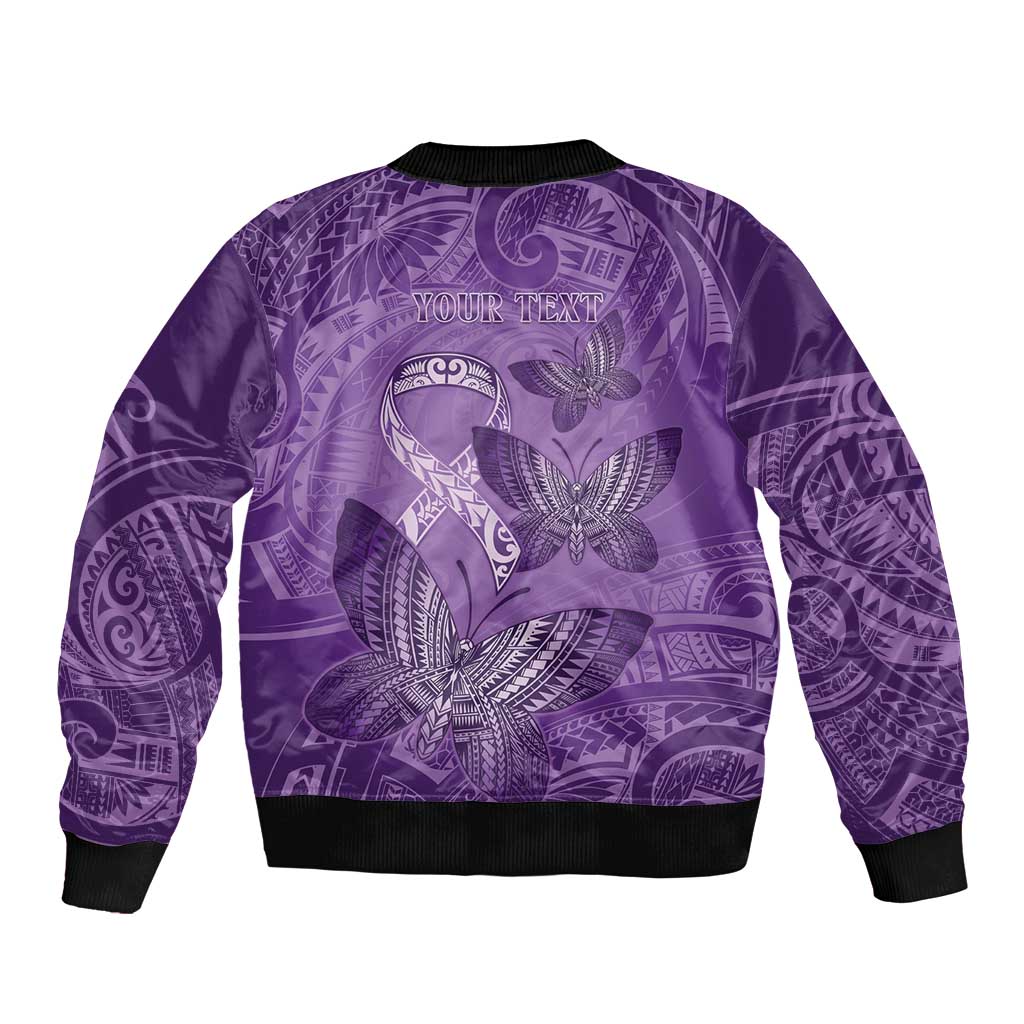 Personalised Polynesia Lupus Awareness Month Sleeve Zip Bomber Jacket Warrior Purple Ribbon Polynesian Butterflies LT14 - Polynesian Pride