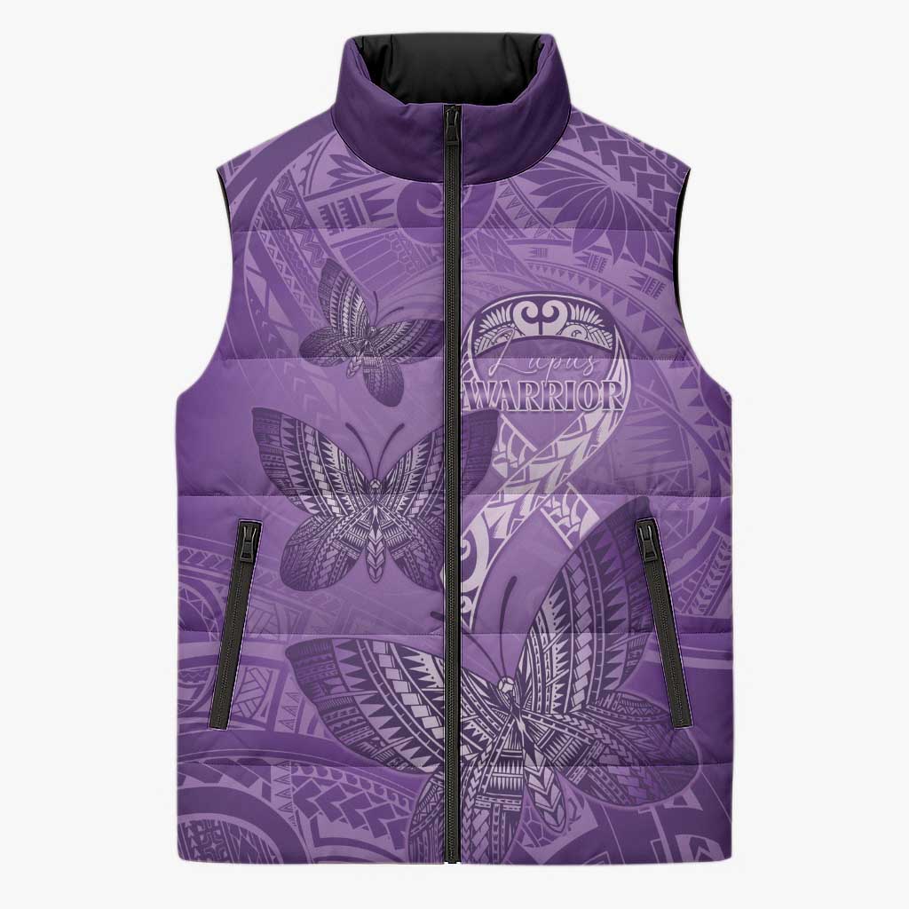 Personalised Polynesia Lupus Awareness Month Sleeveless Puffer Jacket Warrior Purple Ribbon Polynesian Butterflies LT14 Unisex Purple - Polynesian Pride