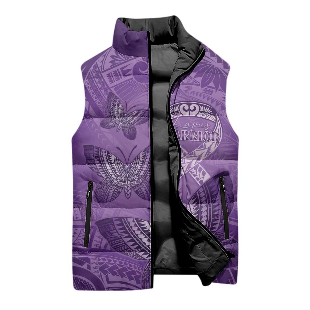 Personalised Polynesia Lupus Awareness Month Sleeveless Puffer Jacket Warrior Purple Ribbon Polynesian Butterflies LT14 - Polynesian Pride