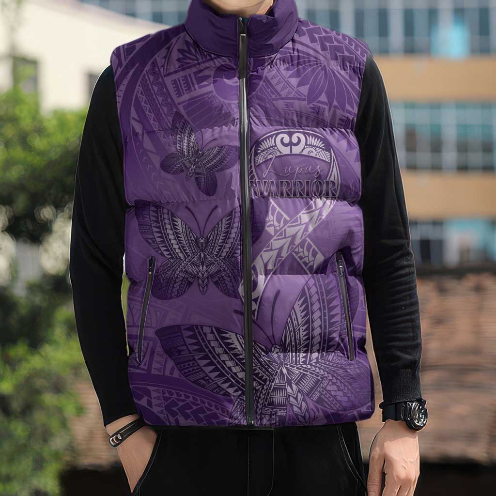 Personalised Polynesia Lupus Awareness Month Sleeveless Puffer Jacket Warrior Purple Ribbon Polynesian Butterflies LT14 - Polynesian Pride
