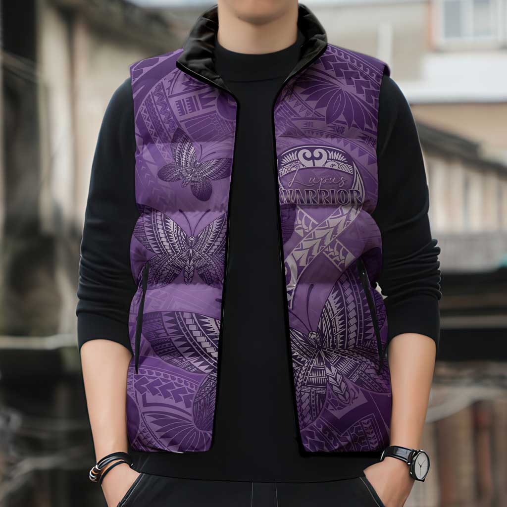 Personalised Polynesia Lupus Awareness Month Sleeveless Puffer Jacket Warrior Purple Ribbon Polynesian Butterflies LT14 - Polynesian Pride