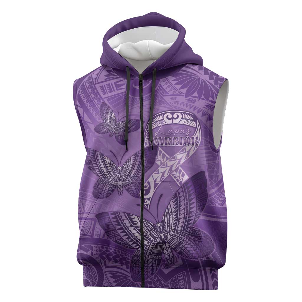 Personalised Polynesia Lupus Awareness Month Sleeveless Zip Hoodie Warrior Purple Ribbon Polynesian Butterflies LT14 Purple - Polynesian Pride