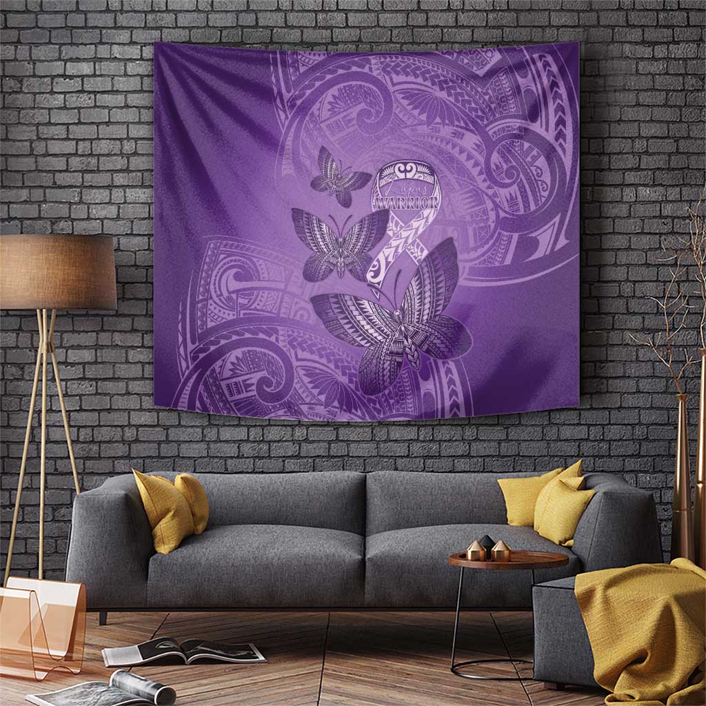 Polynesia Lupus Awareness Month Tapestry Warrior Purple Ribbon Polynesian Butterflies LT14 Purple - Polynesian Pride