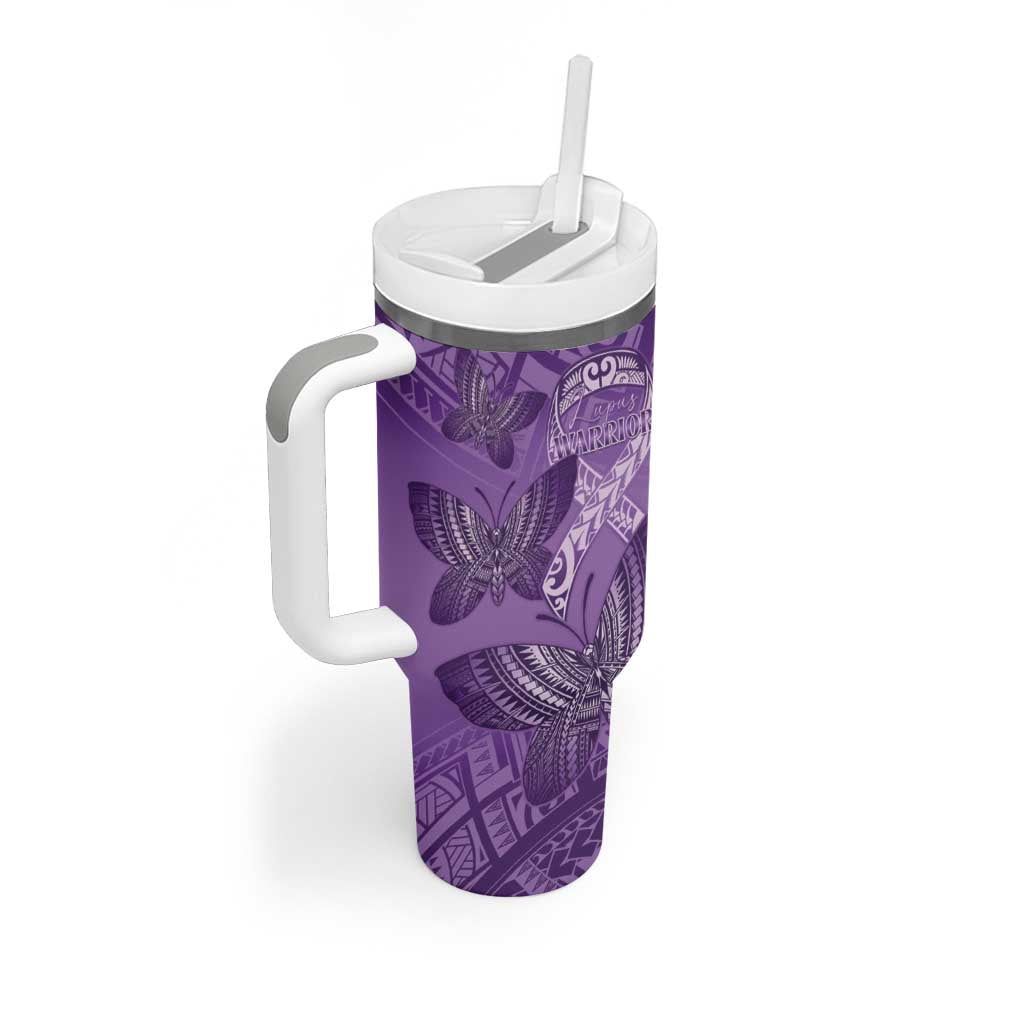Personalised Polynesia Lupus Awareness Month Tumbler With Handle Warrior Purple Ribbon Polynesian Butterflies LT14 - Polynesian Pride