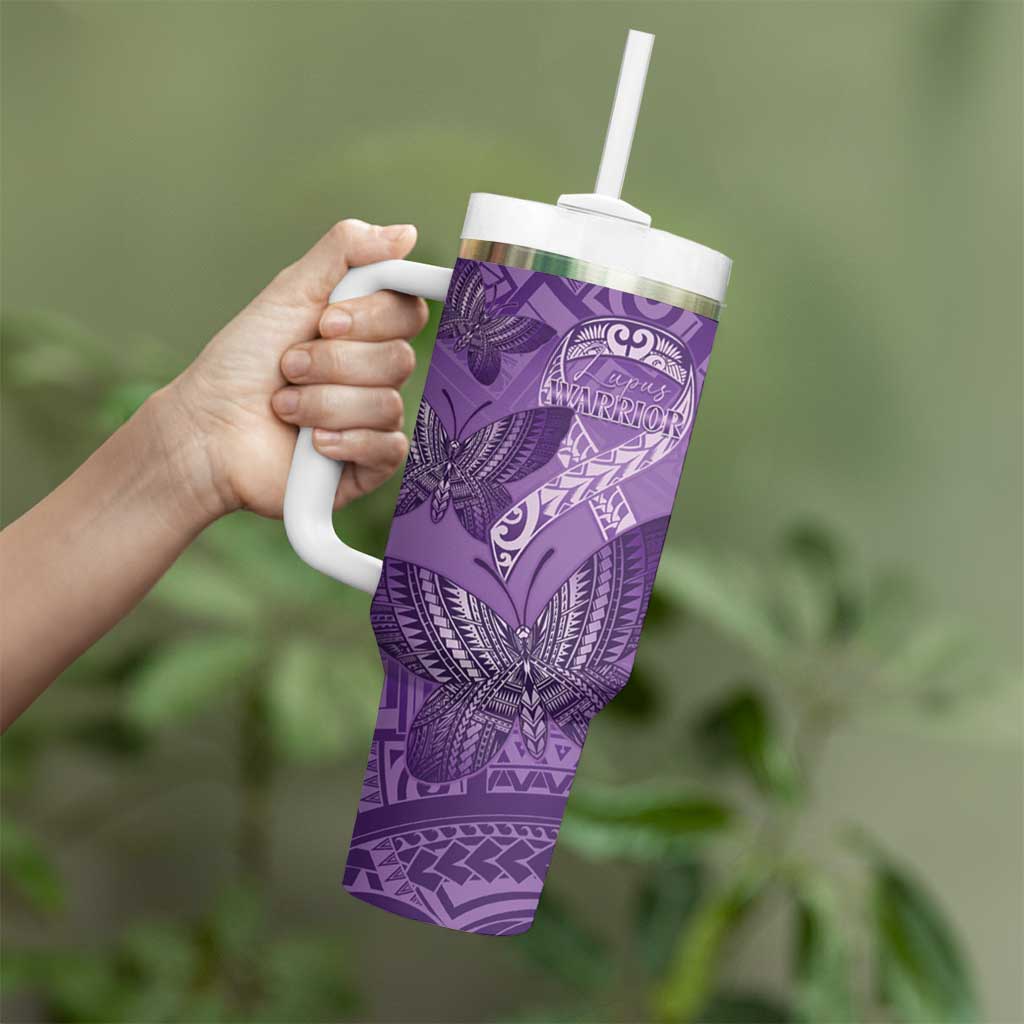Personalised Polynesia Lupus Awareness Month Tumbler With Handle Warrior Purple Ribbon Polynesian Butterflies LT14 - Polynesian Pride