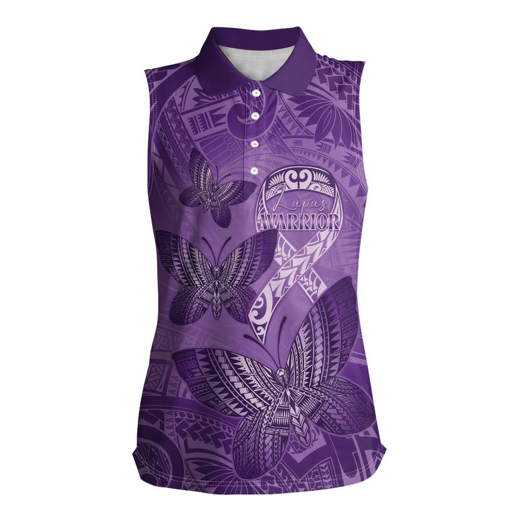 Personalised Polynesia Lupus Awareness Month Women Sleeveless Polo Shirt Warrior Purple Ribbon Polynesian Butterflies