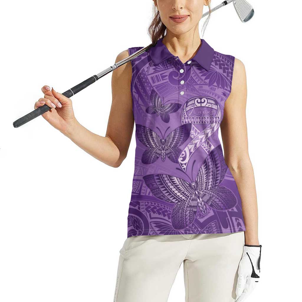 Personalised Polynesia Lupus Awareness Month Women Sleeveless Polo Shirt Warrior Purple Ribbon Polynesian Butterflies