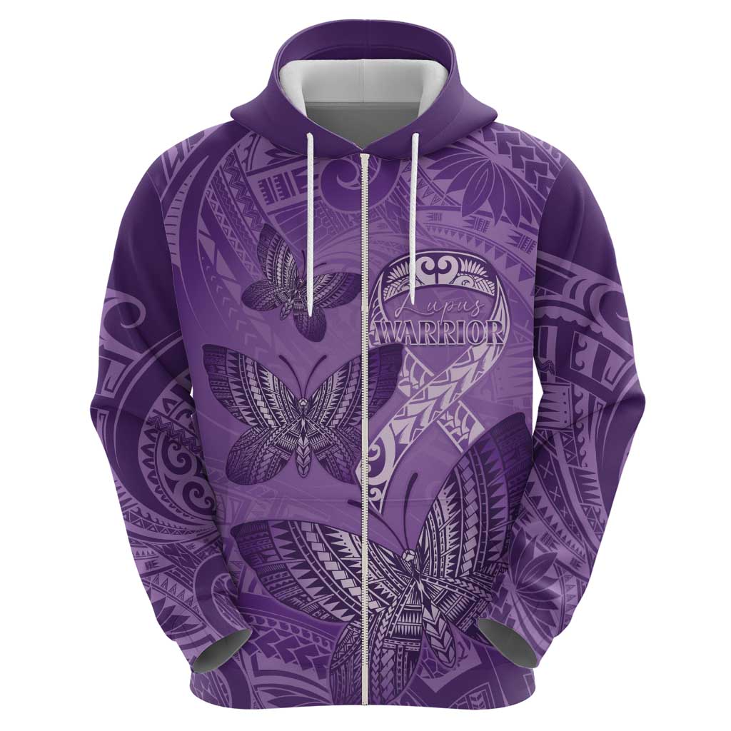 Personalised Polynesia Lupus Awareness Month Zip Hoodie Warrior Purple Ribbon Polynesian Butterflies LT14 - Polynesian Pride