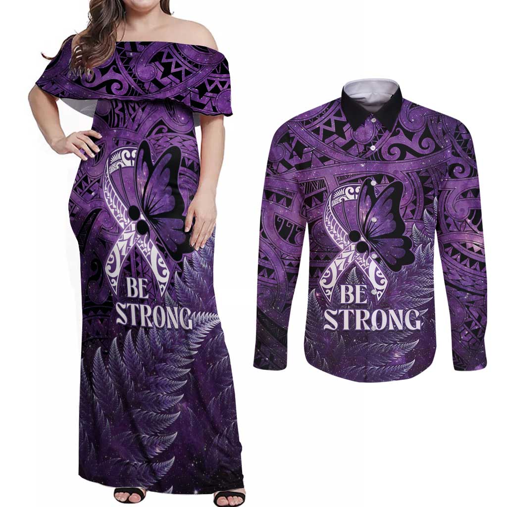 Lupus Awareness Month New Zealand Couples Matching Off Shoulder Maxi Dress and Long Sleeve Button Shirt Be Strong Warrior Maori Silver Fern LT14 Purple - Polynesian Pride