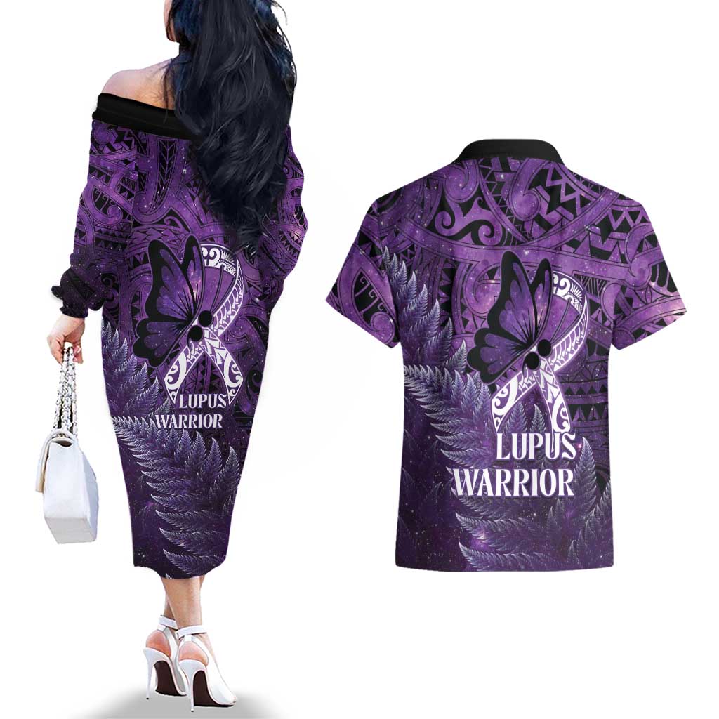 Lupus Awareness Month New Zealand Couples Matching Off The Shoulder Long Sleeve Dress and Hawaiian Shirt Be Strong Warrior Maori Silver Fern
