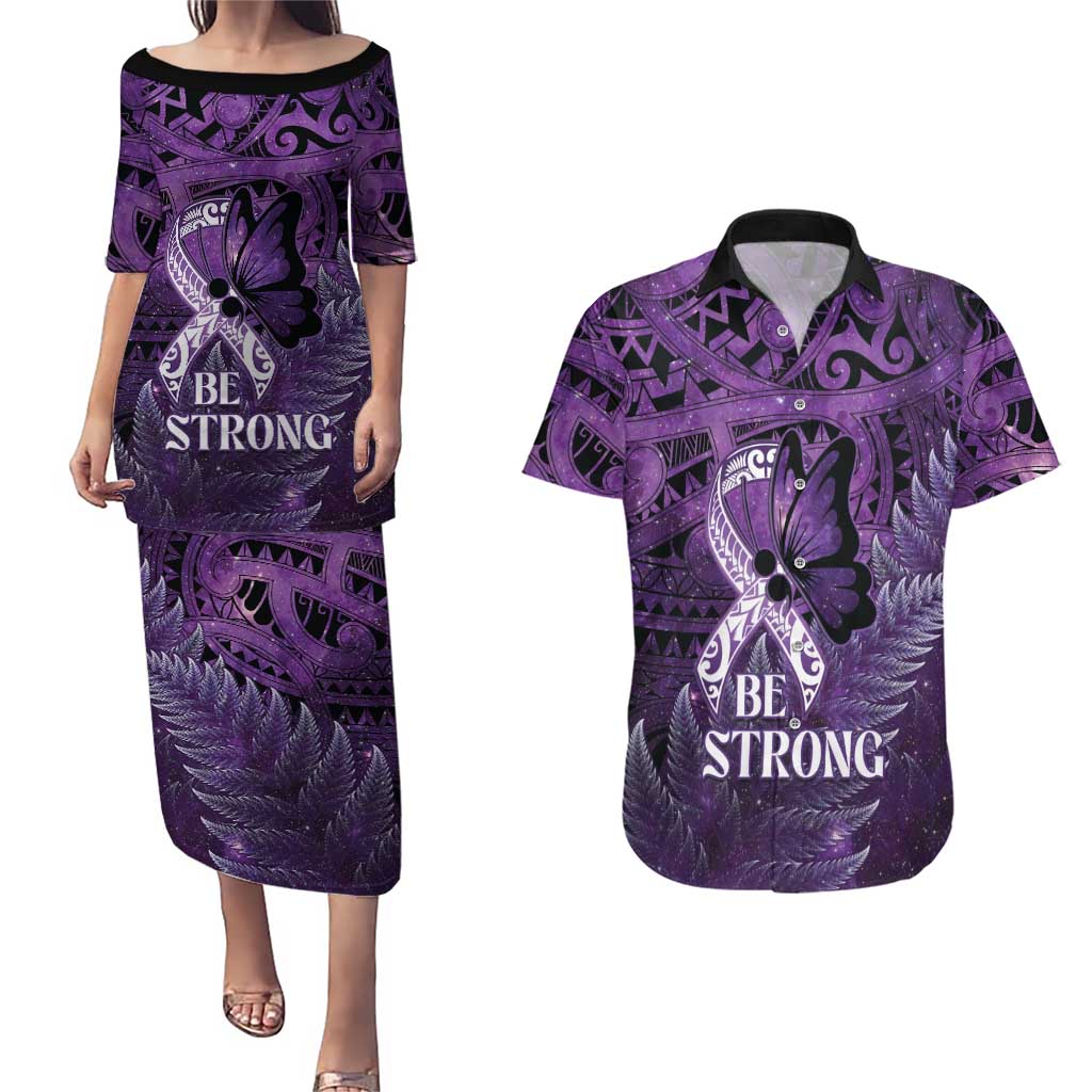 Lupus Awareness Month New Zealand Couples Matching Puletasi and Hawaiian Shirt Be Strong Warrior Maori Silver Fern LT14 Purple - Polynesian Pride