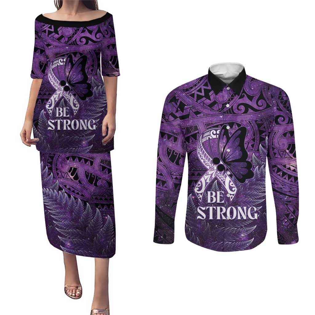Lupus Awareness Month New Zealand Couples Matching Puletasi and Long Sleeve Button Shirt Be Strong Warrior Maori Silver Fern LT14 Purple - Polynesian Pride