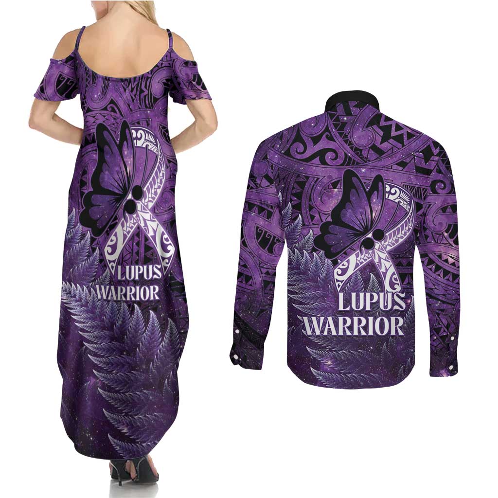 Lupus Awareness Month New Zealand Couples Matching Summer Maxi Dress and Long Sleeve Button Shirt Be Strong Warrior Maori Silver Fern