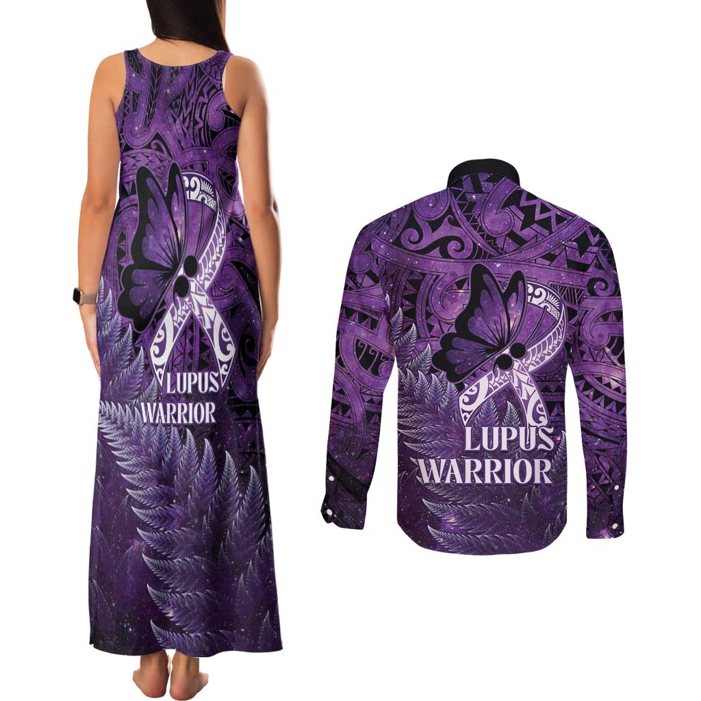 Lupus Awareness Month New Zealand Couples Matching Tank Maxi Dress and Long Sleeve Button Shirt Be Strong Warrior Maori Silver Fern