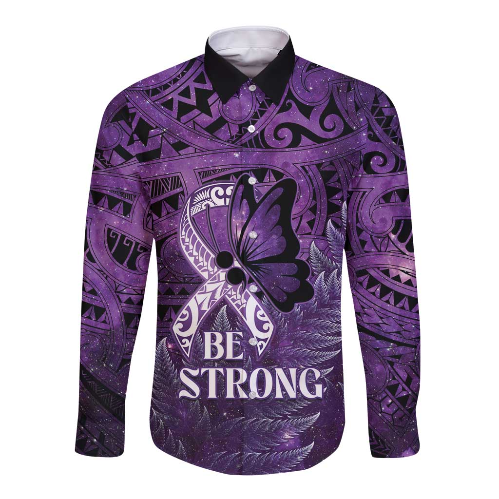 Lupus Awareness Month New Zealand Long Sleeve Button Shirt Be Strong Warrior Maori Silver Fern LT14 Unisex Purple - Polynesian Pride